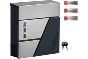 ‎SONGMICS SONGMICS Briefkasten, Wandbriefkasten mit Sichtfenster, für Haustür, mit Schloss und Schlüsseln, silbern-anthrazit GMB053G01