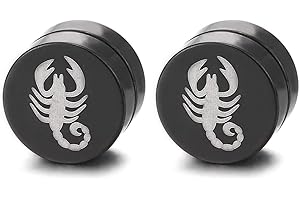 COOLSTEELANDBEYOND Acero Inoxidable Plata Negro Magnética Círculo Pendientes con Rey Escorpión, Click-on Fake Piercing, Hombre