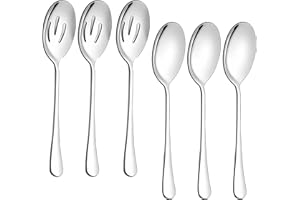 SULIVES 6-Piece Stainless Steel Serving Spoons Set - 3 Large Serving Spoons & 3 Slotted Spoons - Buffet, Party, Banquet, and Kitchen Utensils - Silver, SLV-LC10556