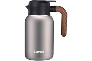 LUVAN 68oz Caraffa Termica 2 Litri,Caraffa Termica a Doppia Parete Sottovuoto,Termos caffè con Coperchio e Impugnatura in Legno Massello Isolata 12h Calore&24h Freddo Ritenzione per tè,Acqua,caffè(Argento)