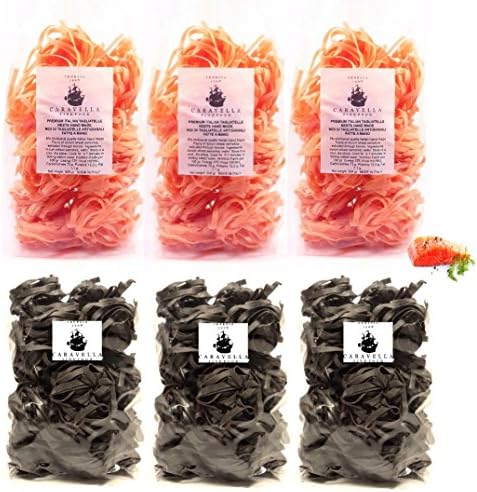(Pack of 6 Save on shipping cost!) 3 of Caravella Premium Italian TAGLIATELLE NESTS with SALMON Artisanal Hand Made Bronze Extruded Pasta 500 gr + 3 of Premium Italian Pasta TAGLIATELLE NESTS with Black Squid Ink 500 gr, directly from Venice