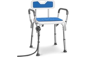 VOUNOT® Sedia da Doccia in Alluminio con Schienale e Braccioli, 6 Altezze Regolabili 71-83,5 cm, Sedile Bagno Ergonomica per Anziani e Disabili con Piedini Antiscivolo, Portata Max 136 kg, Bianco Blu