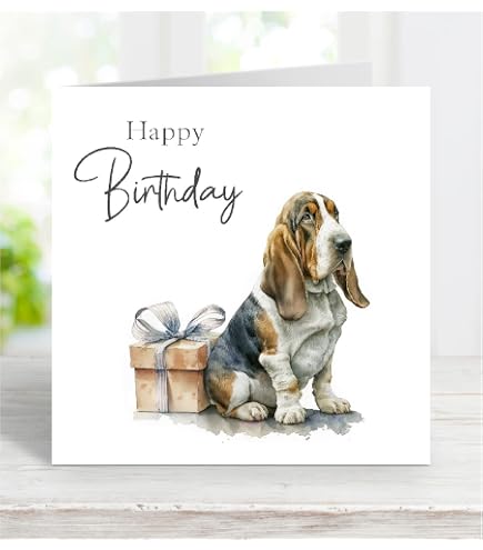 Old English Co. Aquarell-Hundekarte – Basset Hound Grußkarte Blanko Innen, 15x15 Cm, Mit Umschlag