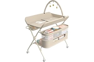 Supfine Table à Langer Pliable, Plan à Langer avec Panier Latéral et Tringle de Suspension, Réglable en Hauteur, avec roulettes Verrouillables et 3 Jouets Étoiles (Crème, 5 en 1)