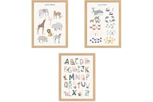 Zamety Zestaw 3 obrazów do pokoju dziecięcego, A4, plakat do pokoju dziecięcego, obrazy na płótnie żaglowym, plakat ABC dla dzieci, alfabet, liczby, zwierzęta, plakat edukacyjny do przedszkola, bez