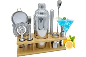 OBALY Bartender Kit 11-Piece Cocktail Shaker Muddler for Cocktails 25 oz Boston Shaker Bar Accessories with Stylish Bamboo Stand Mix Drink Shaker Kit Perfect Martini Kit with Cocktail Recipes Booklet