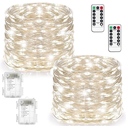 Luces de hadas Funciona con pilas Impermeable 100 LED 33 pies Luces de cuerda de hadas Alambre de cobre 2 Fije luces Firefly con control remoto para el dormitorio Decoración del festival de bodas
