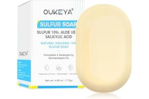 OUKEYA 10% Schwefel Seife, Ziegenmilchseife Gesicht, Salicylsäure, Teebaumöl, Aloe Vera, Antibakteriell, Beruhigend, Tiefenreinigung, Hautbarriere Reparierend, für Ölige Und Akne-Neigende Haut, 115g