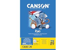 Canson Kids, Papel para pintar, Grando ligero, 200g, Encolados por el lado corto, A4-21x29,7cm, Blanco, 20 Hojas