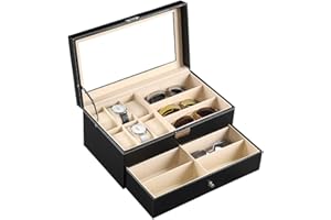 AUTOARK Leather 6 Watch Box Jewelry Case and 9 Piece Eyeglasses Storage and Sunglass Glasses Display Drawer Lockable Case Organizer,Black,AWU-048
