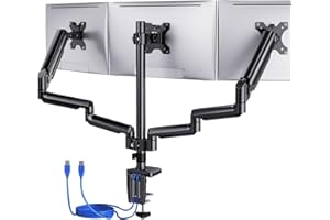 ErGear Support Ecran PC 3 Ecrans pour 13-27'', 3 Bras Ecran PC à Gaz avec Ports USB, Support Ecran pc Réglable en Hauteur, Inclinable, Rotatif et Pivotant, 2 Options de Montage, VESA 75/100 mm Noir