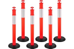 VEVOR Poteau de Signalisation 6PCs 114 cm, Balise de Délimitation avec Base Remplissable et Bandes Réfléchissantes, Délinéateur de Circulation pour Contrôle des Foules, Chantier Parking, Rouge