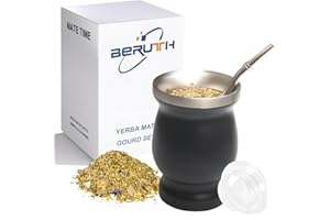 BERUTH Tasse Yerba Maté en Acier Inoxydable avec Couvercle, Double paroi isolée Mate de calebasse, Comprend 2 Bombillas et 2 Brosse de Nettoyage(Noir, 8 OZ)