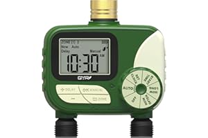 GMR Bewässerungscomputer mit Messingeinlass, Bewässerungssteuerung für Gartenschlauch, Bewässerungsuhr mit Regenverzögerung/Manuell/Automatisch, Bewässerungssystem für Garten, 2 Ausgänge