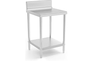 Royal Catering Table De Travail INOX Adossée Cuisine Plan De Travail Professionnel avec Dosseret RCAT-60/60-N (60 x 60 cm, 150 kg, 2 Niveaux, Plan Renforcé, Pieds Réglables en Hauteur)
