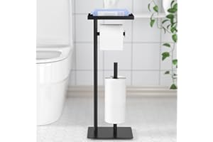 SUSSWIFF Freistehender Toilettenpapierhalter mit oberem Ablagefach, schwarzer Toilettenpapierhalterständer, bodenstehender Toilettenpapierspender mit Aufbewahrung für 4 Reserverollen