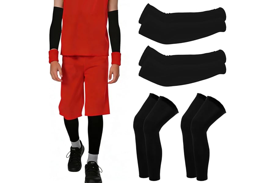 Larrel 4-Piece Set Basketball Arm Leg Sleeve Youth, Black Non Slip Arm Sleeves for Kid Basketball Gear for Boys for Basketballs Running Baseball Cycling(8-15 Years)