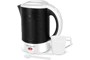 Aigostar Cooltravel 30MBA - Travel Electric Kettle, 650W, 0.6L Mini Water Pot, Auto Shut Off with Boil-Dry Protection, BPA Free, Includes 2 Cups and 2 Spoons, Black.