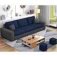 Sleepify Rivron 3 Seater Fabric Sofa Set with 2 Puffy for Living Room (Blue-Dark Grey)