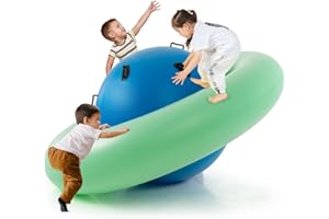 COSTWAY 88'' Inflatable Dome Climbing Rocker, Kids Teeter Totter Seesaw with 6 Handles, Blow Up Giant Rocking Bouncer Ball for Indoor Outdoor (Green+Blue)