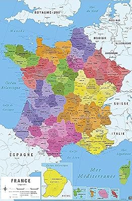 Up Close Poster Carte de France 2017 [en français] (61cm x 91,5cm) + 2 tringles transparentes avec suspension