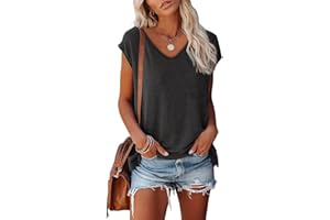 Zueauns Damen Langarmshirt Baumwolle Oberteile Langarm Shirt V Ausschnitt Oberteil Lose Longsleeve T-Shirt Lässig Pullover Sweatshirt Basic Tshirt Tunika Top Bluse Einfarbig Casual T-Shirts
