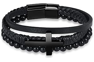 INFINIONLY Mode Bracelets Tressé en Cuir Multicouche avec Perles pour Homme Garçons Vintage Bracelet Croix en Acier Inoxydable pour Adolescents