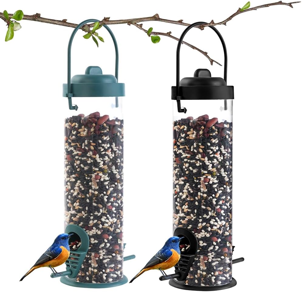 OFFCUP Comedero para Pájaros, 2PCS Colgando Alimentador, Comedero de Semillas Aves Silvestre con 2 Lugares de Acceso, Comedero para pájaros en Forma de Columna para Mezclas de Semillas (Verde+Negro)