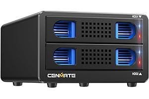 CENMATE Aluminiowa podwójna obudowa dysku twardego RAID z wentylatorem chłodzącym do 6.3 cm/8.9 cm SATA HDD/SSD z USB A/C 3.0, obudowa HDD bez narzędzi, 4 tryby RAID (obsługa RAID 1/0/JBOD/NORMAL)