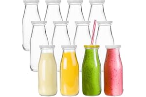 Lawei - 12 Smoothie Botella Botellas de Cristal Botellas de Cristal vacías con 12 Pajitas 12 Tapas Metálicas Blancas y 12 Tapas Amarillas con Agujero - 325 ml