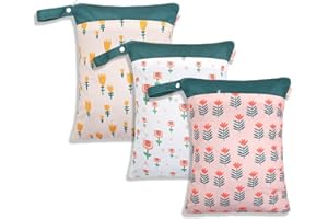 Treer 3 Stück Wetbag Kindergarten, Stoffwindeln Nasstaschen Baby Wetbag Wasserdicht Waschbar Kleinkind Windeln Organizer Beutel mit Reißverschluss (Grüner Garten,30x40cm)