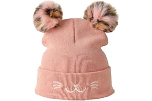 Textiles 4 Home Women’s Girls Knitted Winter Beanie Hat with Two Pom Poms and Embroidered Cat Whiskers