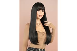 GIVENZA Perruque femme longue effet naturel avec frange résistante à la chaleur Festival Halloween Déguisement (Noire Longue)