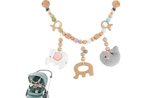Auirshiky Kinderwagenkette aus Holz für Babys, Baby Wagenkette mit Plüschelelefant, Niedliche Tierform Kinderwagenspielzeug für Mädchen Junge, Babyschale Spielzeug für Babygeschenke zur Geburt