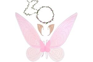 GUGNRYAC Feenflügel Schmetterlingsflügel mit Elfenohren Blumenkranz Erwachsene Flügel Kostüm Kinder Prinzessinnenflügel Damen Mädchen Flügel Kostüm Wings für Weihnachts Karneval Geburtstags Cosplay Party