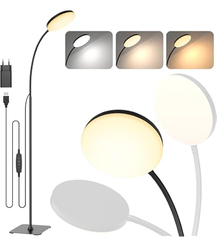 Lampadaire Sur Pied Salon LED 15W - 3 Couleurs Et 5 Niveaux De Luminosité - Télécommande Incluse - Métal Noir - Pour Lecture Et Travail