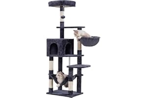 Hey-brother Tiragraffi per Gatti,Albero per Gatti Alto 154 cm,Torre per gatti stabile e a più livelli, Dotato di una Caverna per Gatti, Cesto, amaca e Piattaforma superiore, grigio fumo 0EMPJ050G