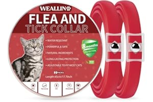 WEALLIN Flea Collar For Cats, Cat Flea and Tick Collar, Flea Treatment Cat, 8 Months Effective Protection Cat Flea Collars, Natural Adjustable Water ResistanceFor Cats Fit Most Cats 2 Pcs, Red