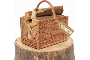 BOGATECO Cesto di vimini con manico quadrato | Grande cesto per legna da ardere 51X35X33 | Intrecciato a mano | Cesto di legno foderato in iuta | Cesto per legna