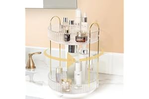 mebiusyhc Rotating Makeup Organizer for Vanity, Large Skincare Make Up Storage Perfume Organizers for Bathroom Counter, Clear Cosmetic Lipstick Toiletry Dresser Organizer Spinning Holder
