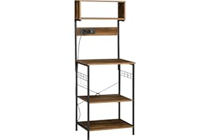 HOMCOM Scaffale da Cucina con Multipresa, Mobile Cucina per Microonde con Ripiani e Ganci Stile Industriale, Legno e Acciaio, 60x42x153cm, Marrone