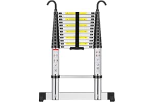EXLEITER Telescopic Ladder 3.8M Portable Foldable Aluminum Alloy Extension Ladder with Stabilizer Bar & Detachable Hook, Adjustable Height Ladders Folding Extending, 330lbs Max Capacity