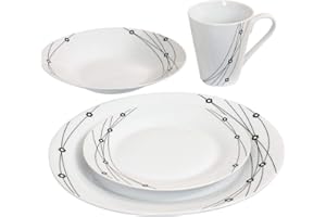 AWEHIRU 16PC Dinner Set Bowl Plate Mug Soup Side Porcelain Cup Gift Kitchen Service New (Black Patterns)