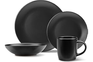 VonShef Dinner Set for 4, 16 Piece Plate & Bowl Set, Plate Set with 28cm Diameter Dinner Dish, 21cm Side Dish, 16cm Bowls & Mugs, Matte Black Dishwasher & Microwave Safe Tableware