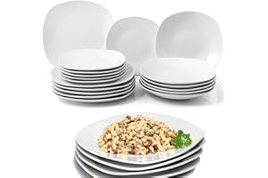 Shally Dogan Servizio di Piatti da Portata 18 Pezzi in Porcellana da Tavolo per 6 Persone, Set Composto da 6x Piatto Piano, 6x Fondo, 6x Dolce e Frutta, Design Moderno Liscio (Bianco Squadrato)