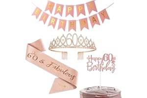 TSILIN Happy 60th Birthday Party Favor Supplies for Women,60th Birthday Sash and Tiara Crown Rose Gold Birthday Cake Topper Happy Birthday Banner,Gift For Women Birthday Party Decoration (60th)