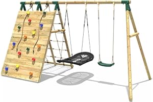 Rebo® Beat The Wall Wooden Swing Set with Double Up and Over Climbing Wall – Vertex | OutdoorToys | Sturdy Wooden Construction, Pressure Treated Timber