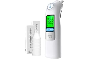 Femometer Family Termómetro Digital Oido Bebe, Termómetro para niños, adultos y bebés, con memoria de 30 lecturas y alerta de fiebre con 3 colores. Incluye fundas desechables para la sonda