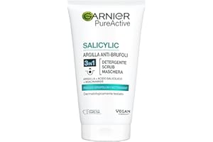 Garnier Maschera 3in1 Argilla, Per Pelli Miste e Con Imperfezioni, Effetto Purificante e Anti-Brufoli, Impurità Rimosse e Pelle Uniforme, Con Argilla e Acido Salicilico, Pure Active, 150 ml
