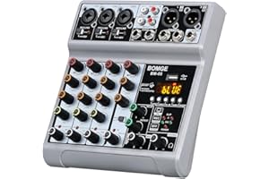 BOMGE Mezclador de audio, consola de mezcla de placa de sonido con 5 canales digitales USB Bluetooth Echo Delay, mezcladores de DJ estéreo Phantom Power de 48 V para grabación, transmisión en vivo,